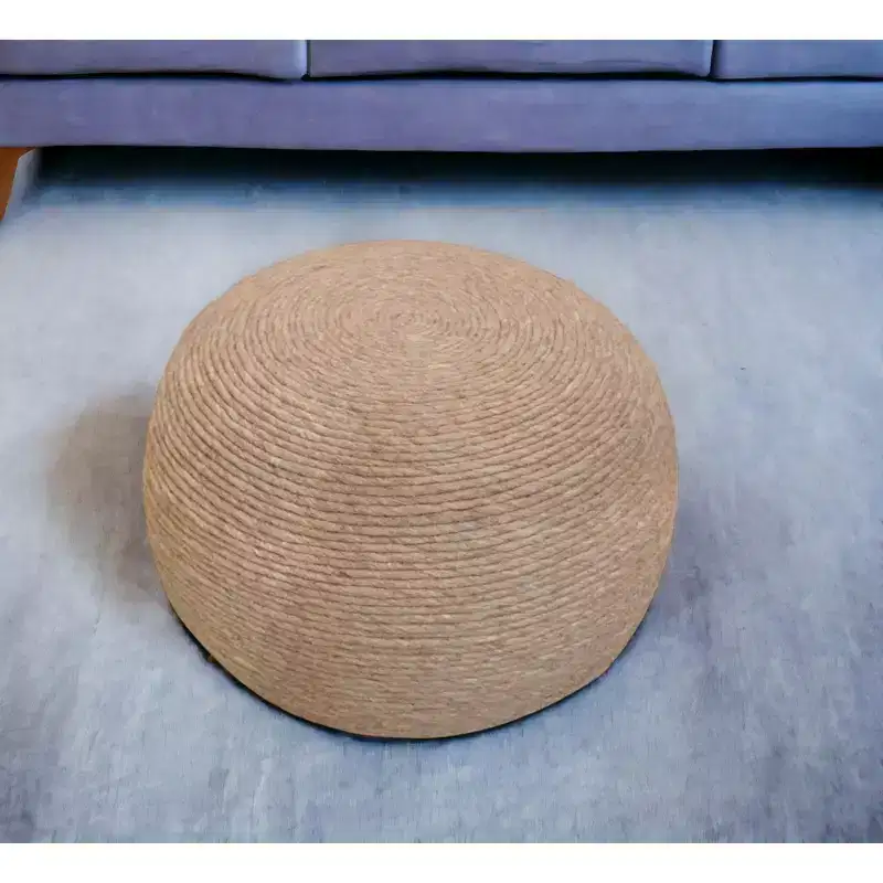 HomeRoots 20 Beige Wool Round Ribbed Pouf Ottoman