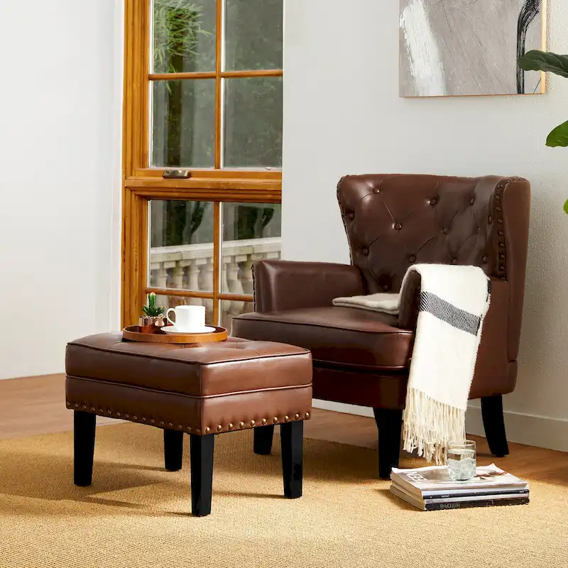 Black / Coffee Mid-Century Button-Tufted PU Leather Ottoman