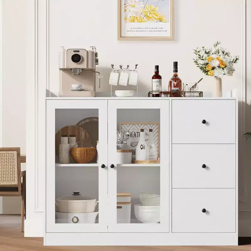 White 43 Buffet Sideboard Cabinet & Storage Dresser with Guardrail Design, Adjustable Shelves and 3 Drawers for Kitchen, Dining & Living Room