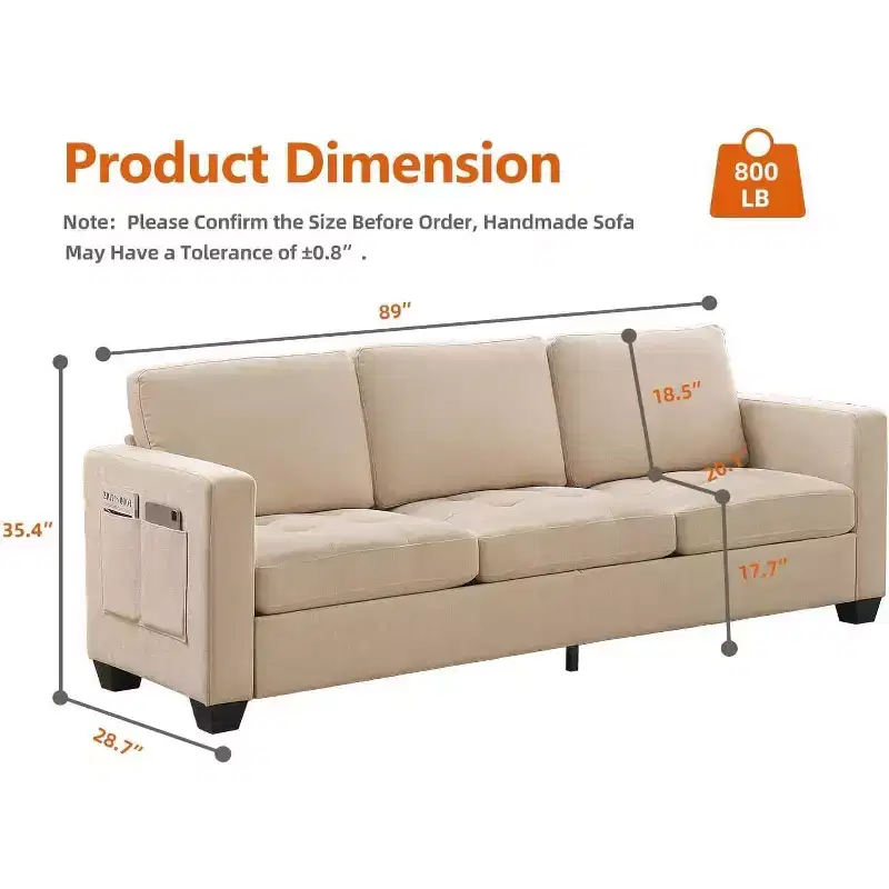 3 Seat Sofa Couch, 89 Modern Sofa with Armrests, Sofa with Extra Deep Seat Couches for Living Room Bedroom Apartment and Office Chenille Beige