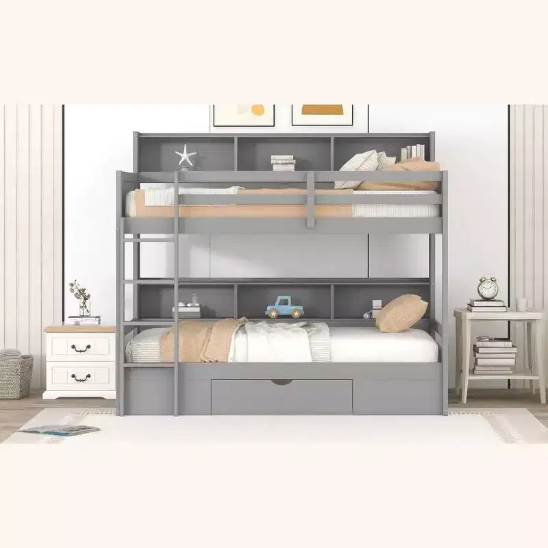 Okak Twin Size Multifunction Bunk Bed with Built-in Shelves Loft Bed with Storage Drawer Solid Wood for Kids Teens, Easy Assemble