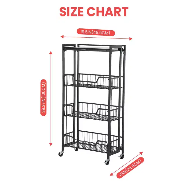3-Tier Collapsible Kitchen Storage Cart, Iron Frame & Shelves, Space-Saving Pantry Organizer for Fruit, Snacks, Utility Cart with Locking Casters