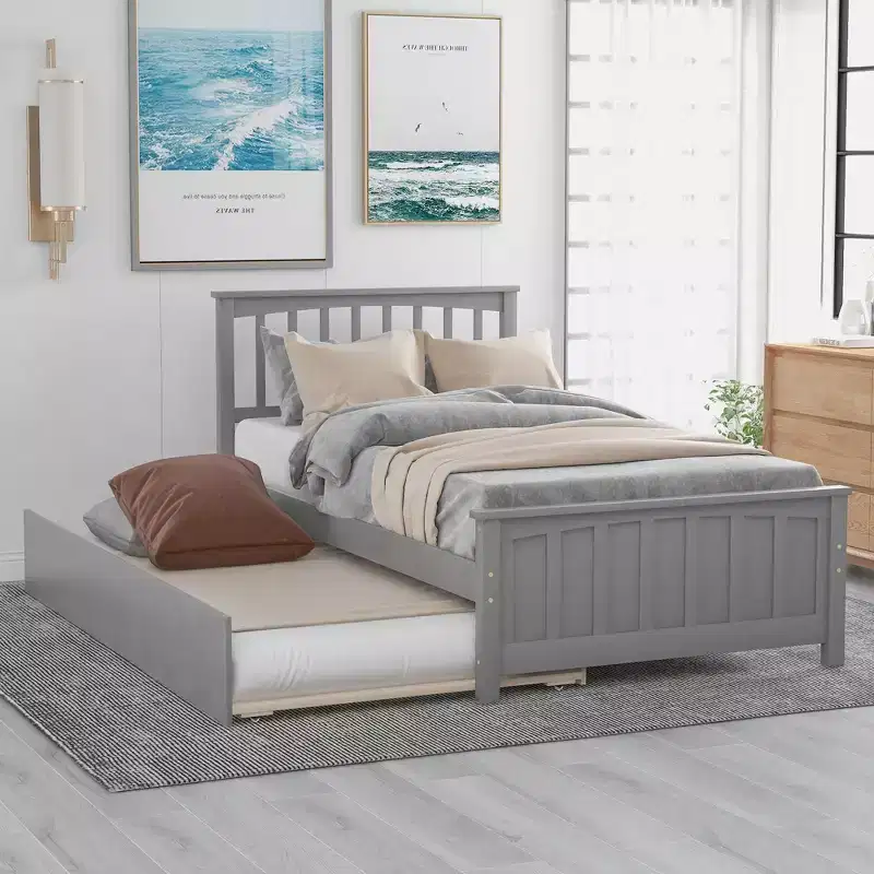 Twin Size Solid Pine Platform Bed with Roll-Out Trundle