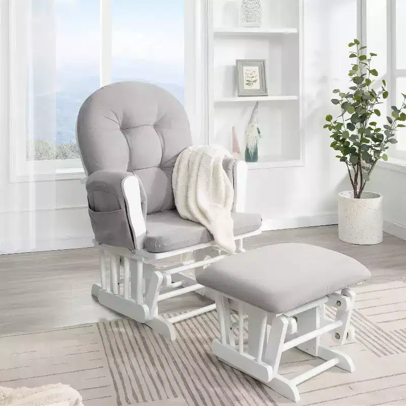 Glider and Ottoman Set Smooth Rocking Motion, Ergonomic High-Back Chair with Cushioned Armrests & Storage Pockets