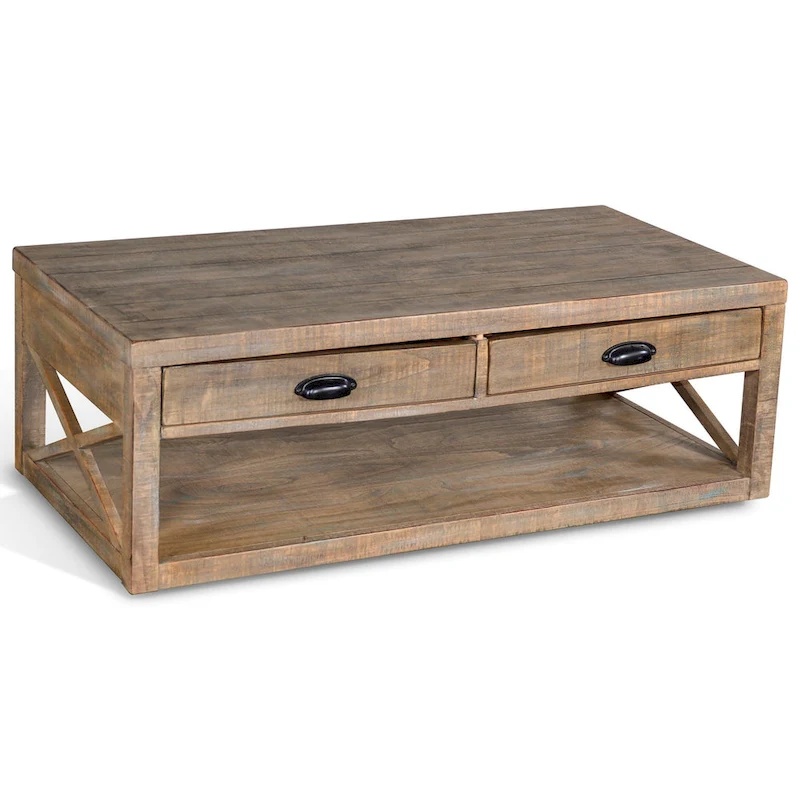 Rany Cocktail Table, 2 Drawers, Shelf, 48 Inch Rectangular Light Brown
