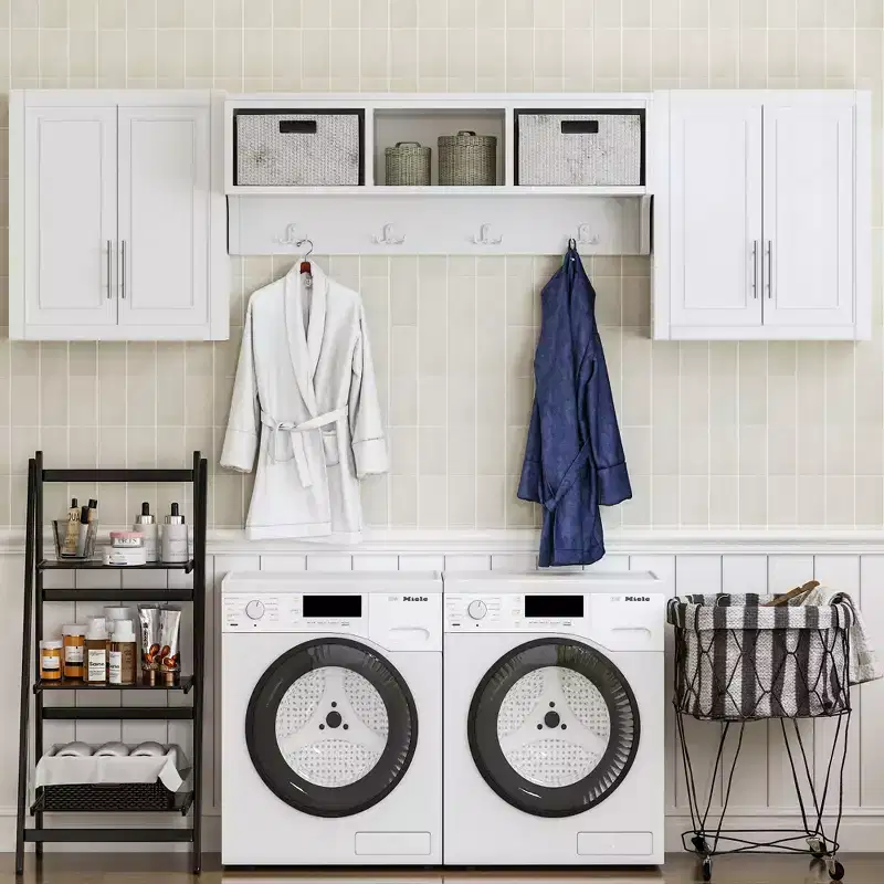 26x44x8 Wood Laundry Cabinet with Adjustable Shelves in White