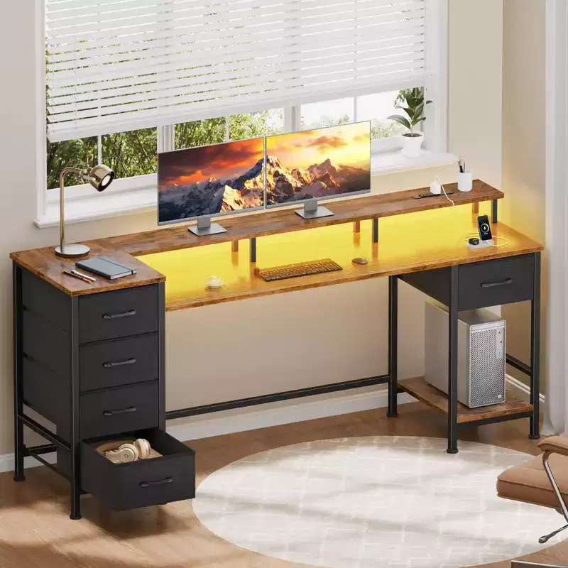 61 Inch Brown Computer Desk with Charging Station Gaming Desk LED Lights Reversible 5 Fabric Drawers Home Office Writing Table Study Storage
