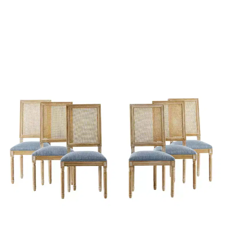 Christopher Knight Home Set of 6 Brielle French Country Wood and Cane Upholstered Dining Chairs Slate Blue