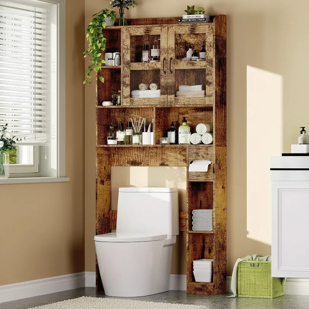 Over-Toilet Storage Cabinet with Adjustable Shelves and Glass Doors