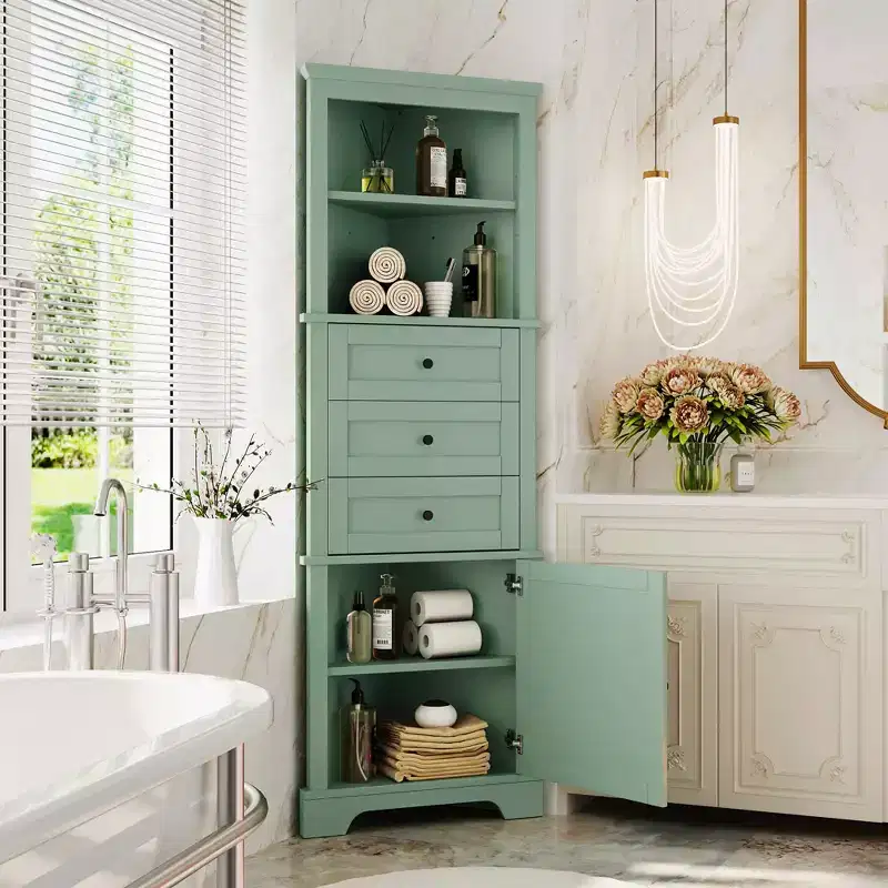 Green Triangle Tall Cabinet 3 Drawers Adjustable Shelves MDF Painted