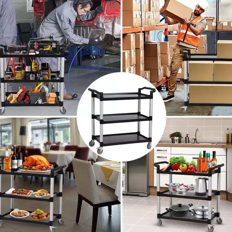3-Tier Plastic Rolling Cart, Utility Cart w/ Lockable Wheels & 360LBS Capacity