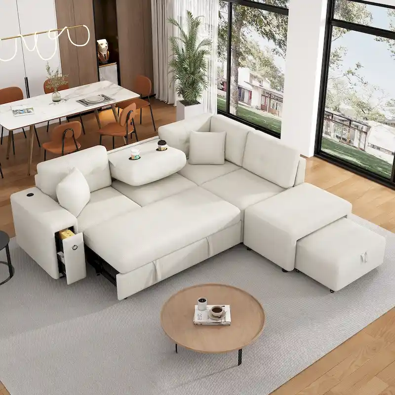 L-Shaped 4-Seater Corner Sofa Bed, featuring a Pull-Out Bed, Movable Ottoman, USB Charging Port, and Fold-Down Cup Holder Table.