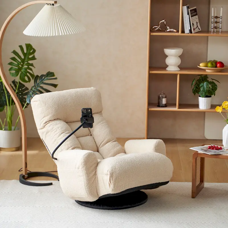 Beige Boucle Swivel Recliner with Phone Holder, Adjustable Headrest, and Backrest