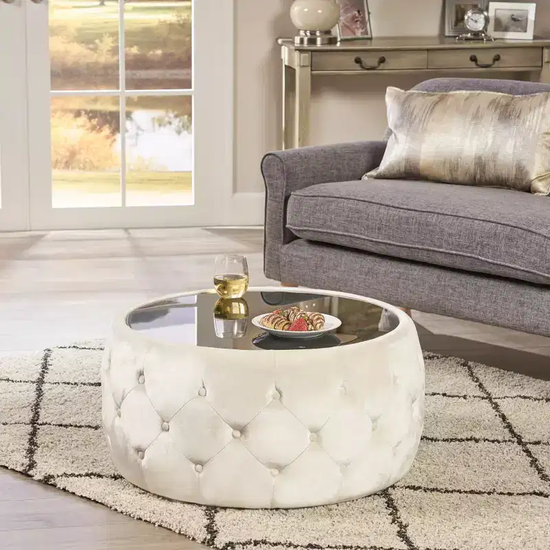 GDFStudio Ivy Glam Velvet Tufted Coffee Table Ottoman with Tempered Glass
