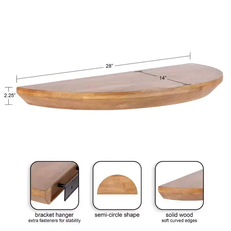 Half Circle Wood Floating Console Table, 28x3x14, Natural
