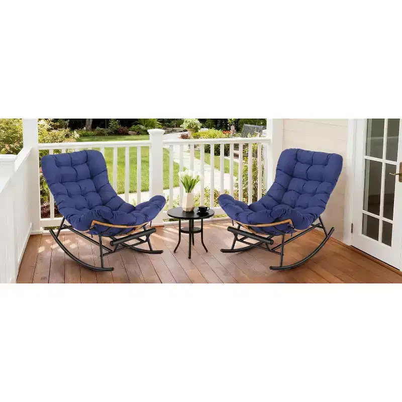 COZONY 2 Piece Papasan Rocking Chair Set, Oversized with Foot Rest Thick Removable Cushion Metal Frame PE Rattan for Patio Porch Garden Living Room