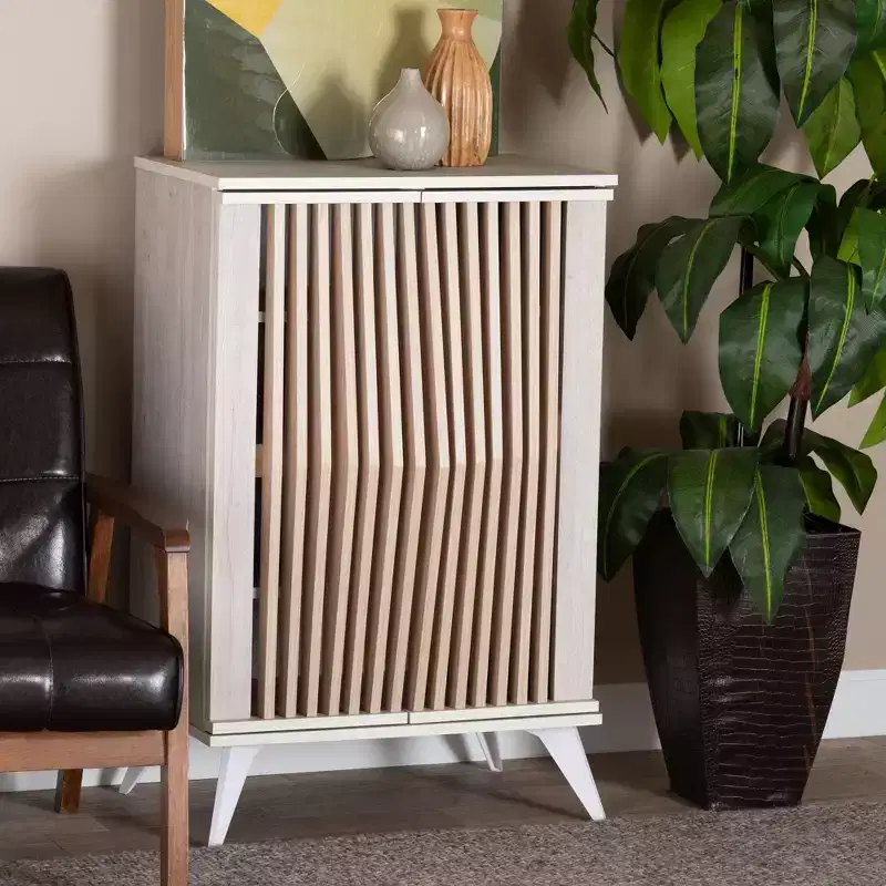 Simona Wood 2 Door Storage Cabinet: Mid-Century Design, 4 Shelves, Angled Legs