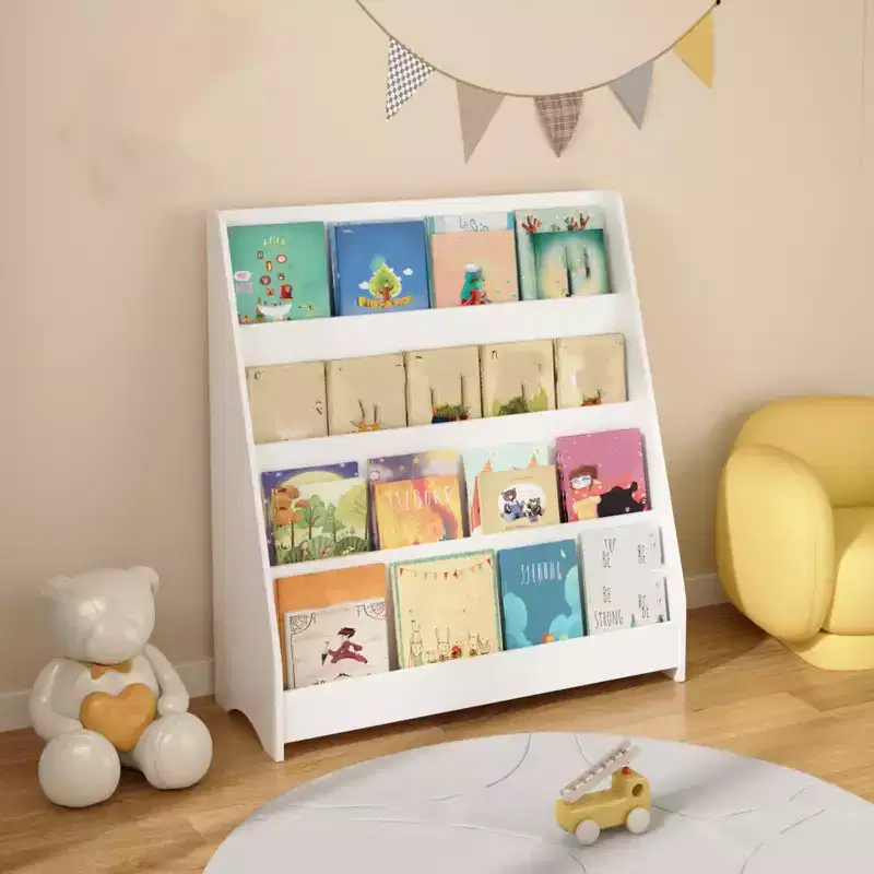 4-Tier Kids Bookshelf, Corner Storage Rack, Wooden Bookshelf for Infants and Toddlers, Stable Toddler Book Display Rack for Classrooms, Playrooms