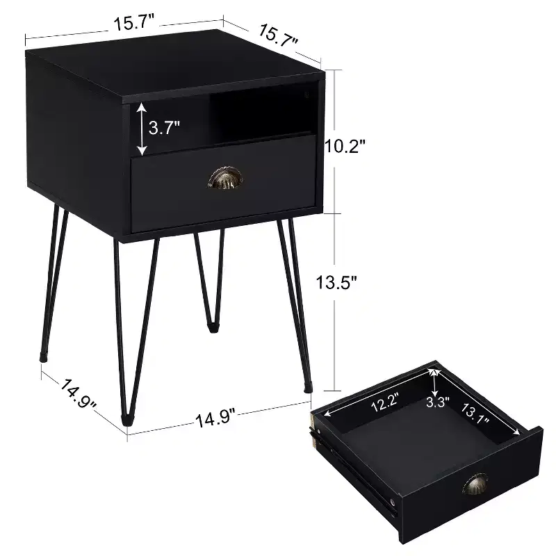 VECELO Metal Frame Nightstand, End/Side Table with Drawer and Storage Shelf for Living Room or Bedroom, Brown/Black/Green