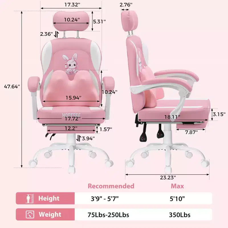 HOFFREE Kids Bunny Gaming Chair with Massage Pillow & Footrest, Adjustable & Ergonomic, Cute Kawaii Design for Ages 814
