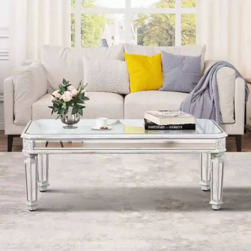 Silver Mirrored Coffee Table, Vintage Carved Elements, Rectangle Glass Tea Table with Mirrored Finish, Modern Center Table for Living Room and Office