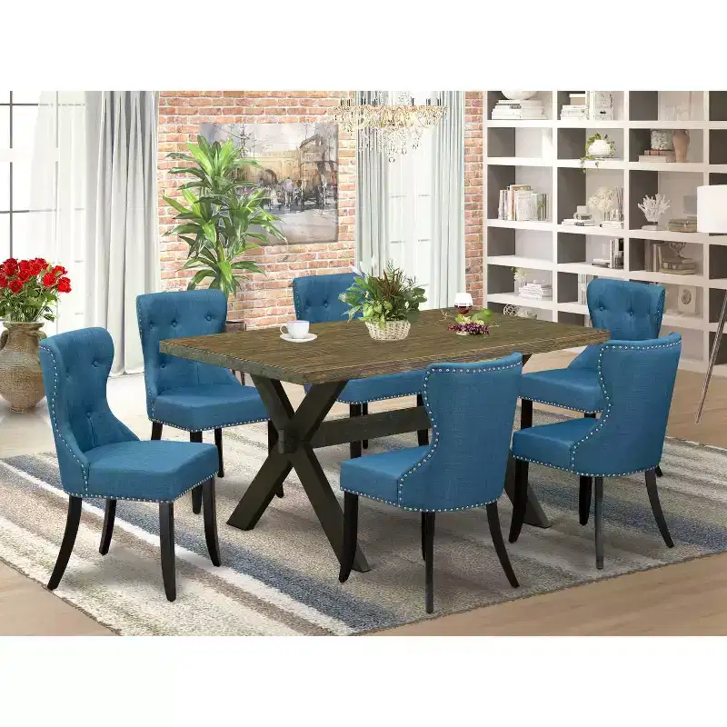 HomeStock 7-Piece Rectangle Distressed Jacobean Finish Solid Wood Top Dining Table with 6-Parson Chairs