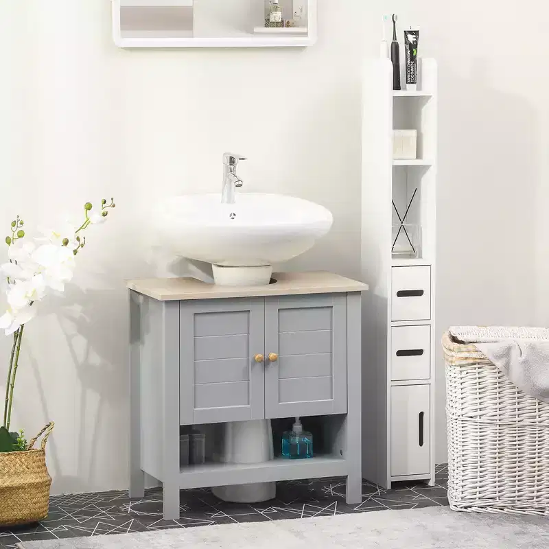 Under Sink Bathroom Cabinet for Pedestal Sink - Space Saving Storage with Adjustable Shelf, Grey