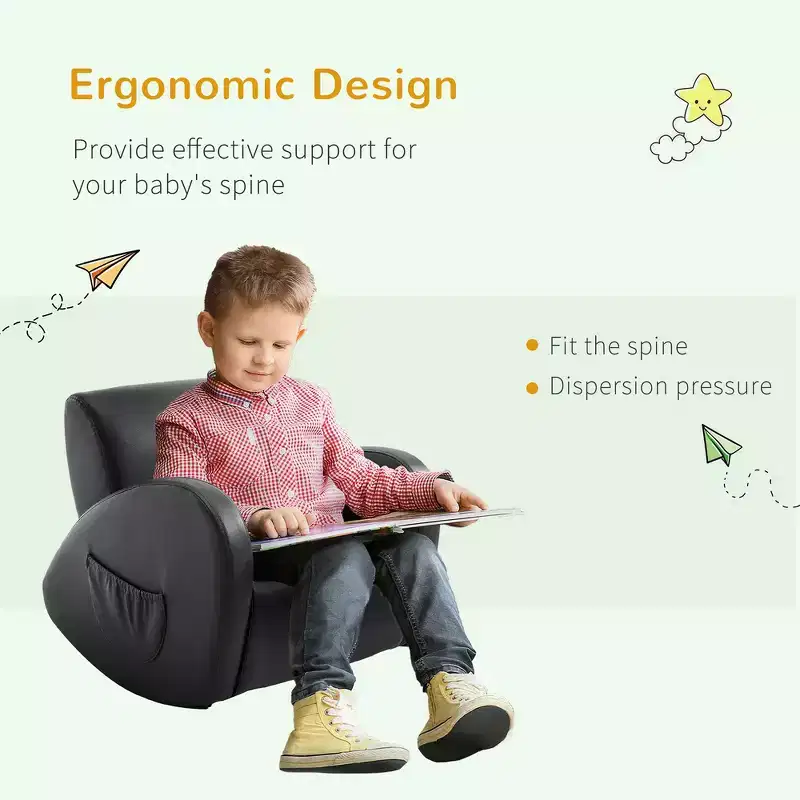 Whisen Kids Sofa Rocking Chair with Side Pocket, PU Leather Toddler Armchair, Gift for Kids - Grey