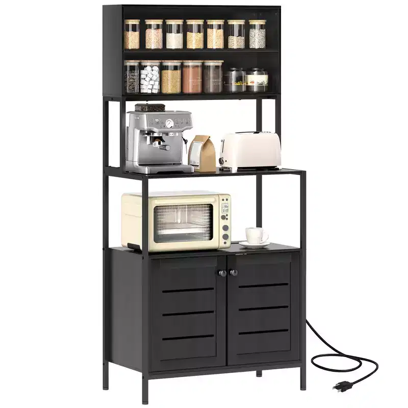 HOMCOM Baker's Rack with Power Outlet, Coffee Bar Cabinet with Storage Shelves, Microwave Stand with Louvred Door Cabinets, Black