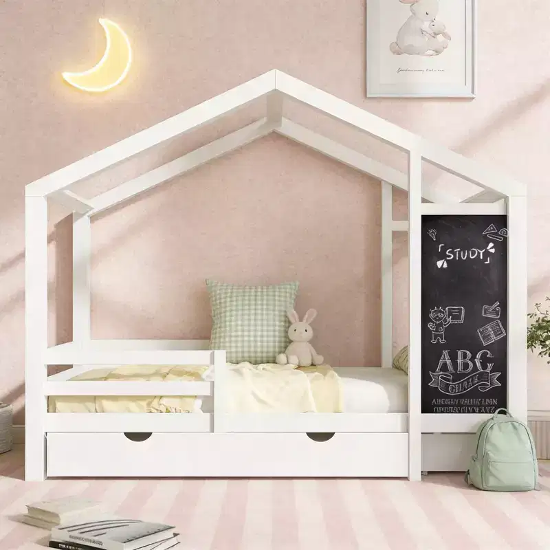 Wood House-Frame Kids Bed Twin 72''H x 41.9''W x 80.1''D