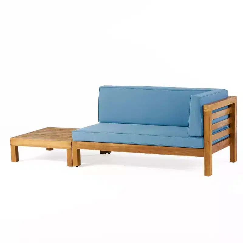 2pk Oana Outdoor Acacia Wood Right Arm Loveseat & Coffee Table with Cushion Teak/Blue - Christopher Knight Home