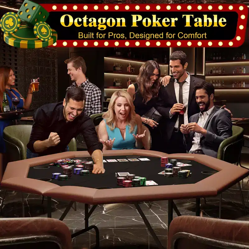 Padded Rails and Cup Holders  IdealFoldable Octagon Poker Table for 8 Players, Portable Casino Game Table with Sturdy Metal Legs, Padded Rails