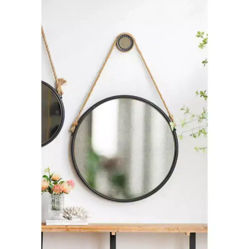 29.5 in On-trend Hanging Round Mirror with Black Framed and with Rope Strap Contemporary Industrial Decor for Bathroom, Bedroom, or Living Space