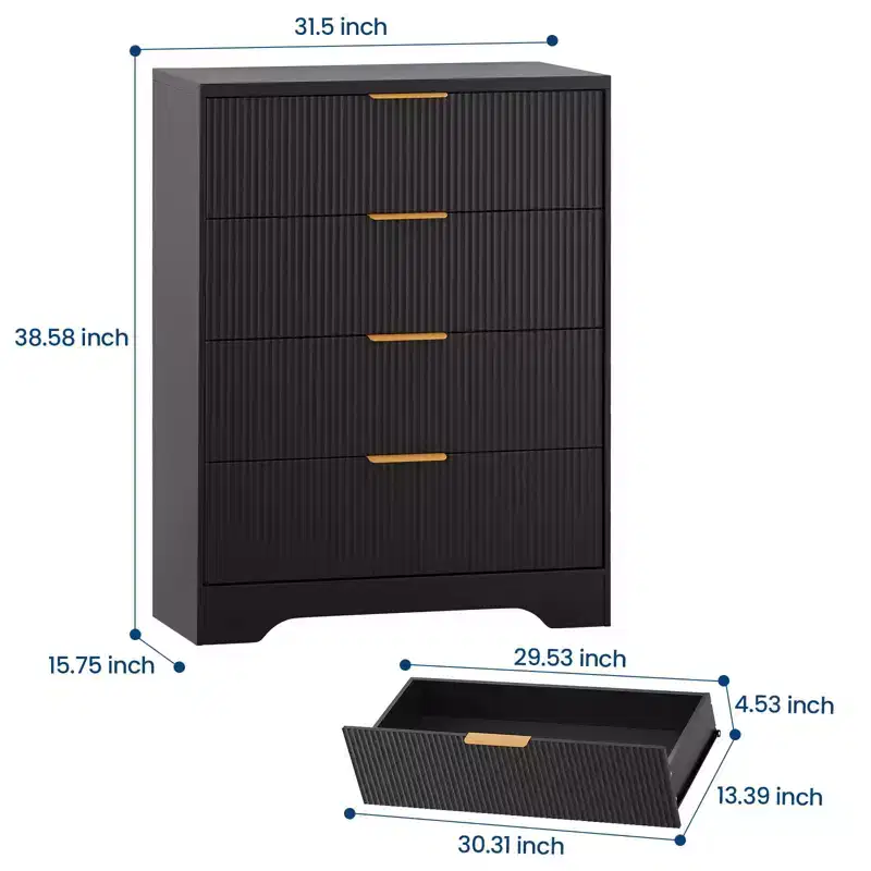 4-Drawer Dresser,38.6 Fluted Modern Chest with Gold Handles, Versatile Storage for Bedroom, Living Room, Hallway & Nursery