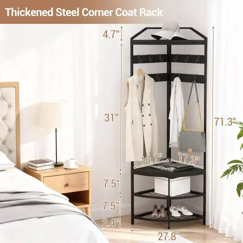 Corner Coat Rack with Storage, Simple Hall Tree with Mesh Shelves, Anti-Toppling Devices, Freestanding Metal Clothes Rack Shoes Shelf Organizer,Black