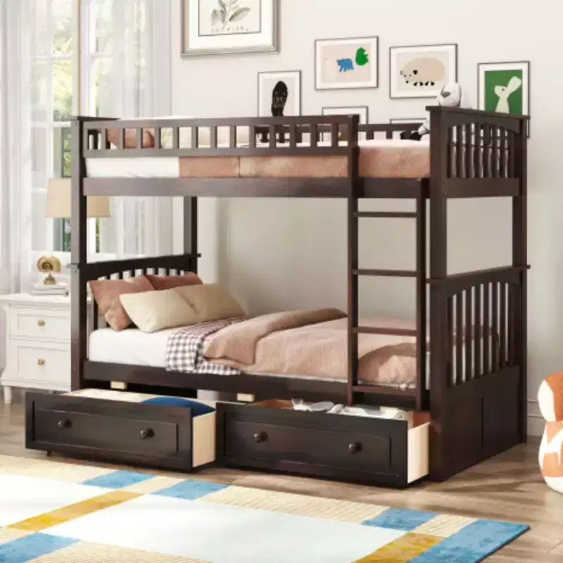 Twin over Twin Bunk Bed with Drawers, Convertible Beds, Espresso