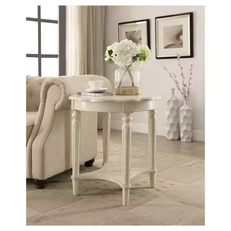Round Off-White End Table with Bottom Shelf, French Style