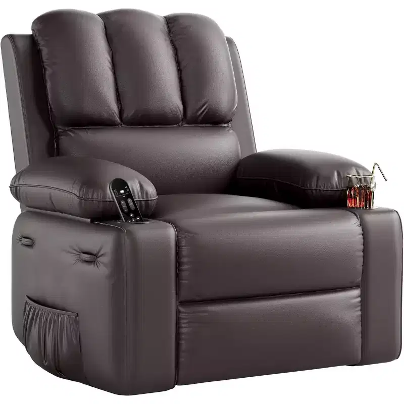 22 rocker swivel recliner with 1.5X sponge filling, side pocket, and cup holder; vintage leather, ideal for living rooms, bedrooms, and nurseries.