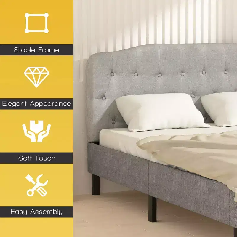 Queen Upholstered Headboard Adjustable Button Tufted Faux Linen Light Grey
