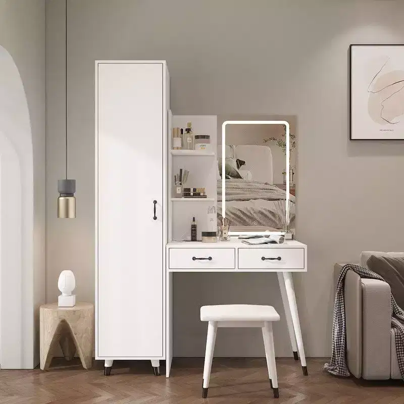 Karl Home White Makeup Vanity Table and Slim Armoire Wardrobe Set
