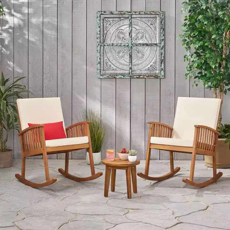 Abbottsford 3pc Acacia Wood Rocking Chairs and Side Table Set - Brown/Cream - Christopher Knight Home: Weather-Resistant Outdoor Seating