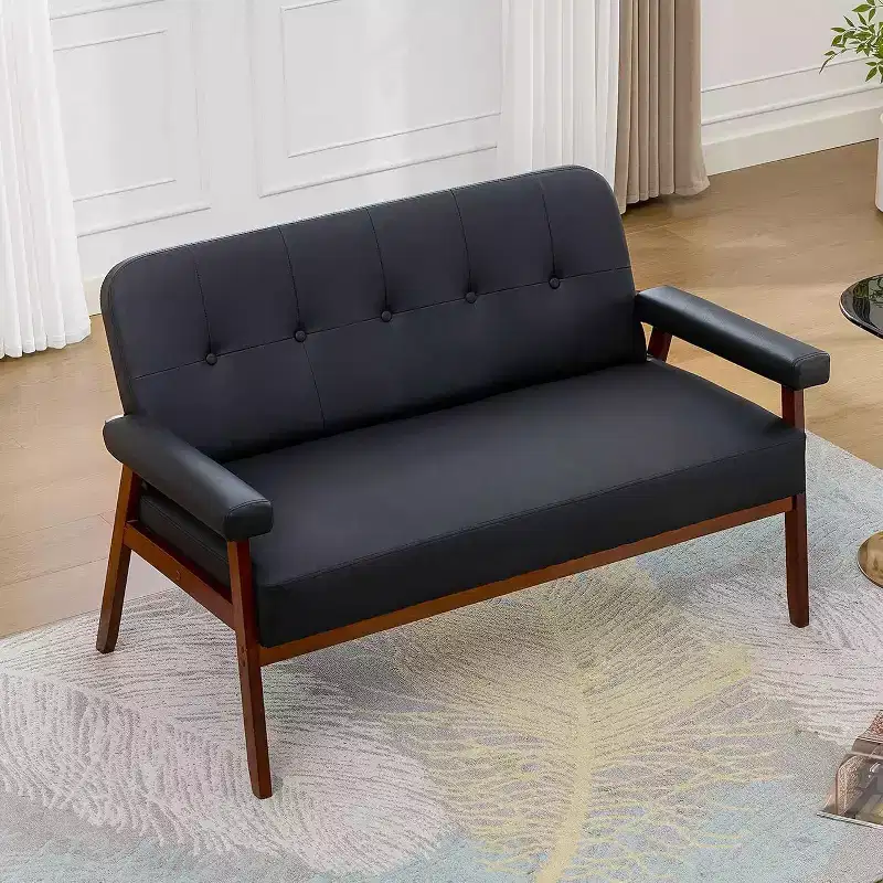 50 Faux Leather Loveseat Sofa with Wood Arms, Mid-Century Modern Small Couch for Office, Living Room, Bedroom, Black