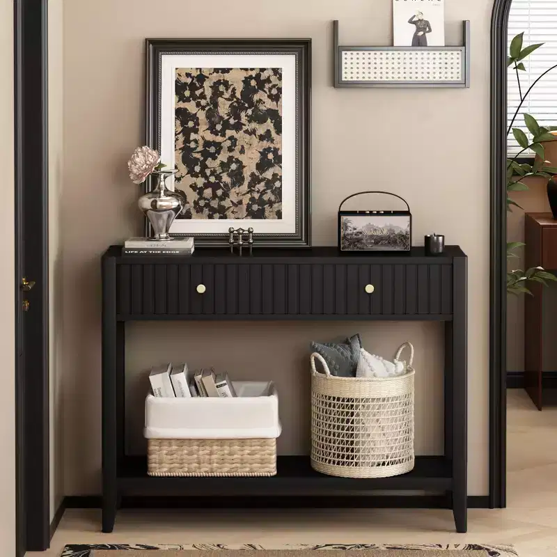 Console Table Entryway Table Sofa Side Table Storage Accent Table with Drawers & Shelf, Black