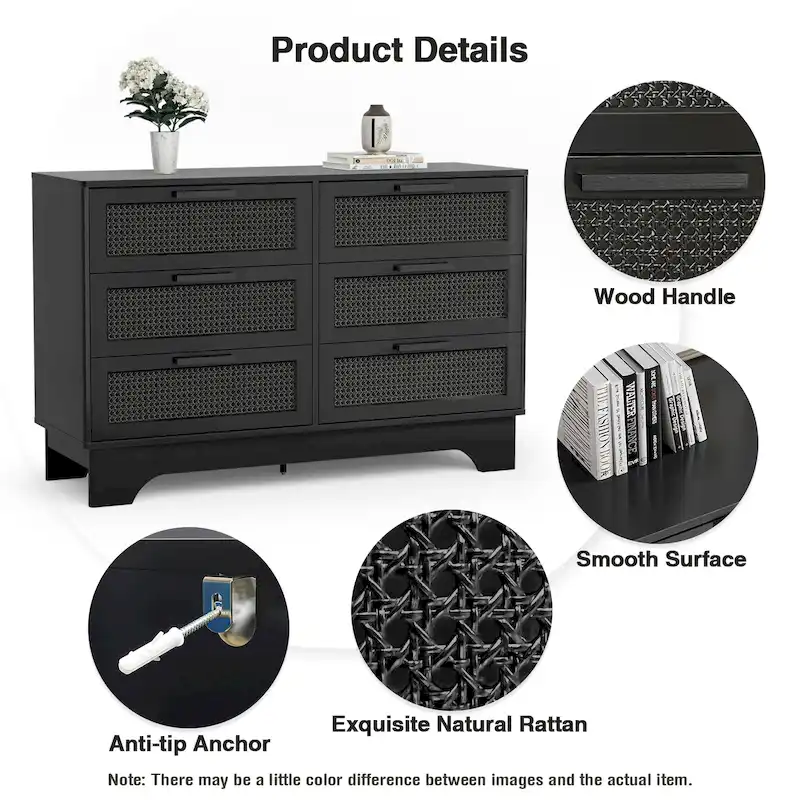 Modern Black 6-Drawer Double Dresser, Wood Rattan Chest of Drawers