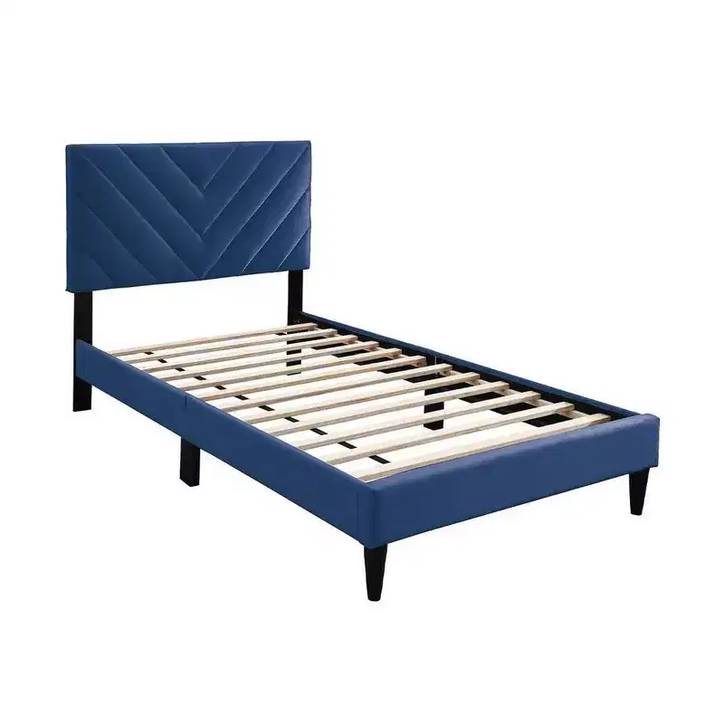 Royal Hampton Twin Bed, Tufted Navy Blue Velvet Upholstery, Chevron Stitch