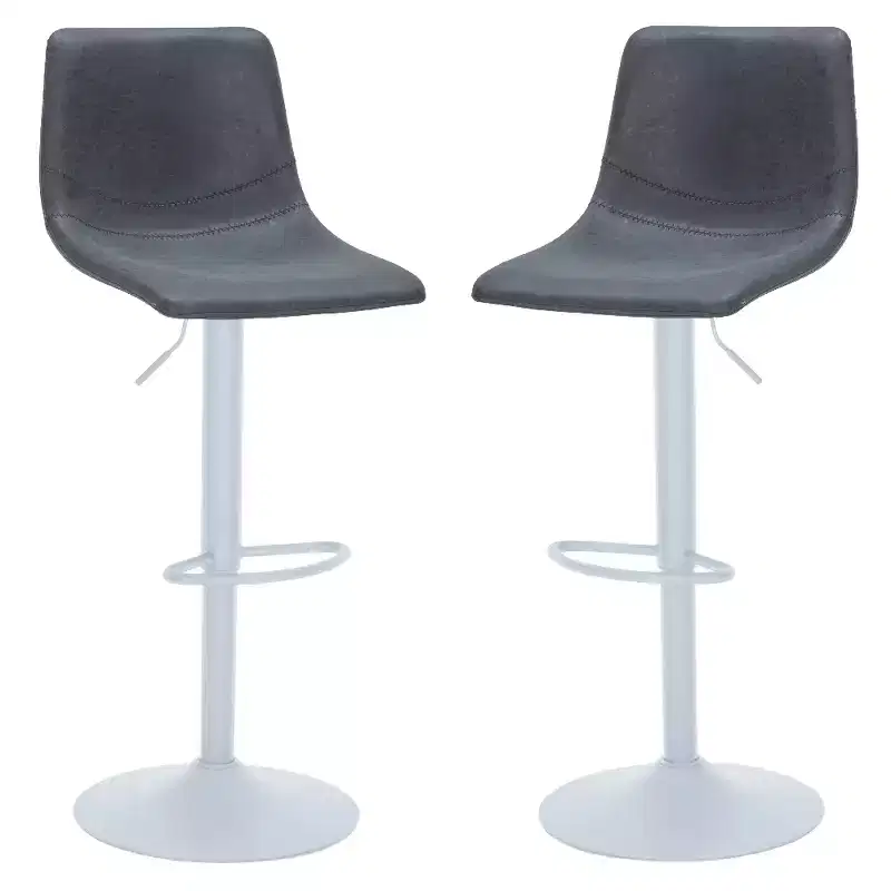 LeisureMod Tilbury Bar Stools with White Iron Base  Adjustable Height Counter Stools with Leather Seat, Swivel Function & Footrest Set of 2