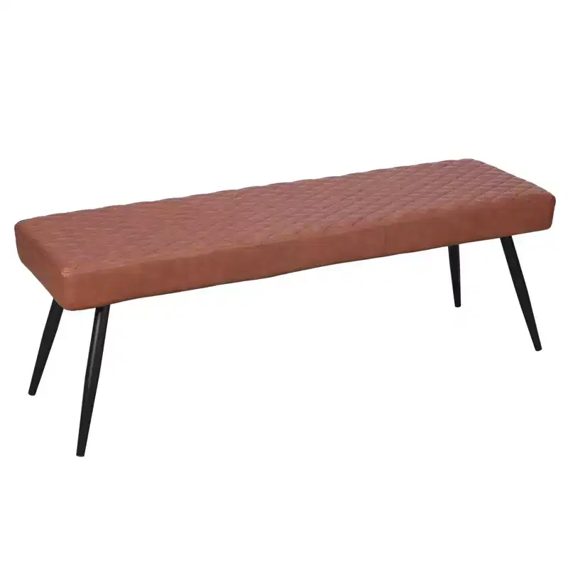 54-Inch Brown Faux Leather Upholstered Dining Bench – Black Metal Legs