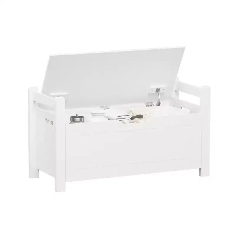 White Storage Bench with Cushion, Entryway Chest, Toy Box & Shoe Organizer with Safety Hinges