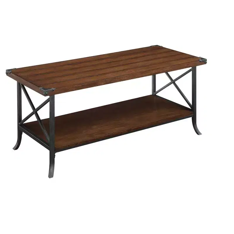 Coffee Table with Storage Shelf, Grooved Top and Decorative Metal Corner Protectors, Dark Walnut/Slate Gray
