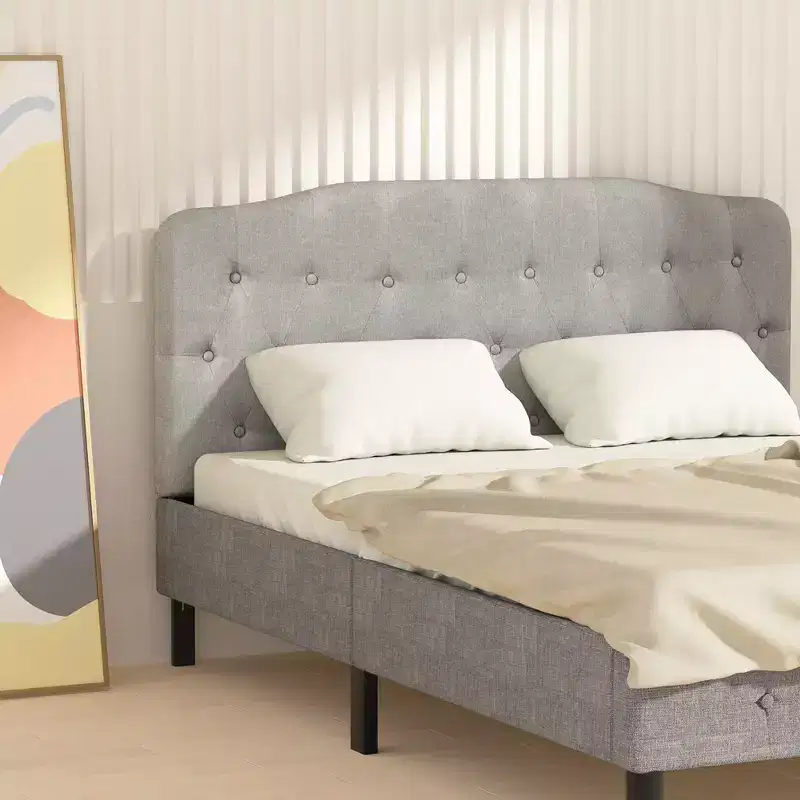 Queen Upholstered Headboard Adjustable Button Tufted Faux Linen Light Grey